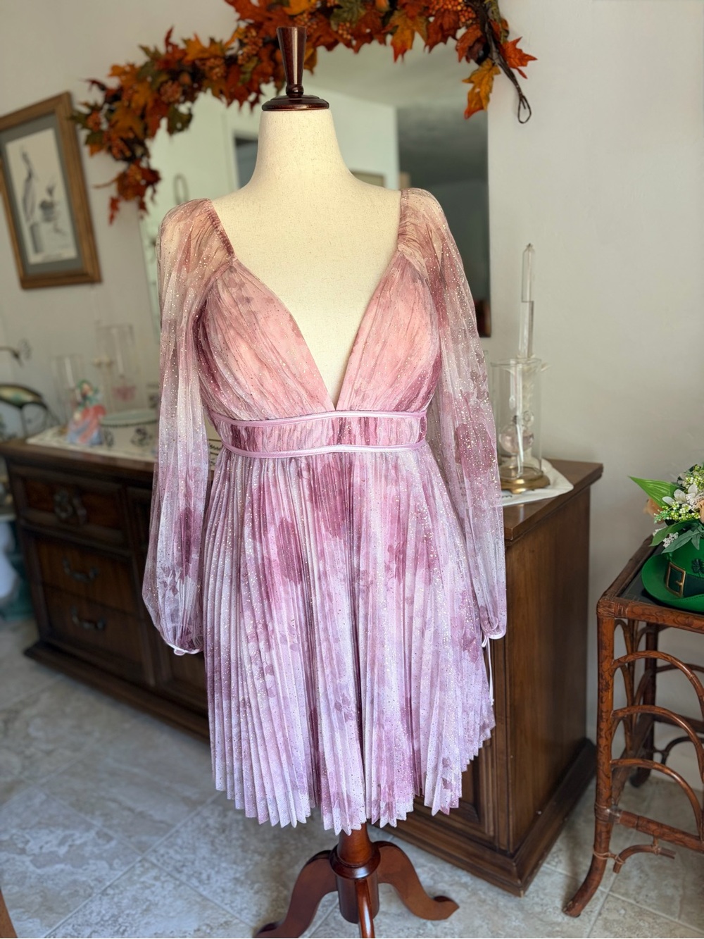 Lulu's Bubbly Impression Mauve Floral Print Mesh Pleated Mini Dress